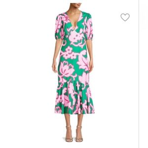 New Rhode Green Pink Floral Boho Wrap Waist Ruffle Midi Dress Size Medium